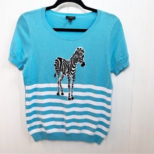 Talbots Turquoise Blue & White Stripe Zebra Graphic Short Sleeve Sweater MP